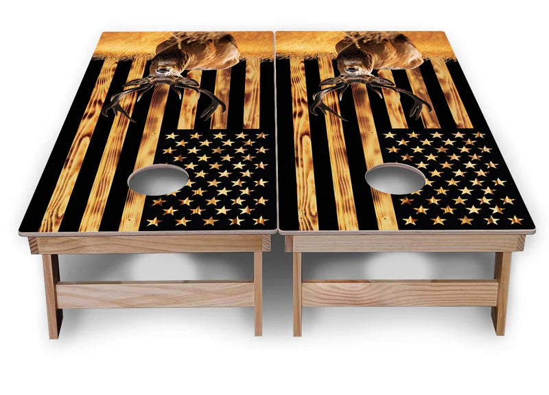 Rustic American Flag Buck Cornhole Boards