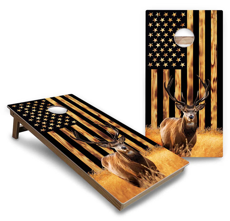 Rustic American Flag Buck Cornhole Boards